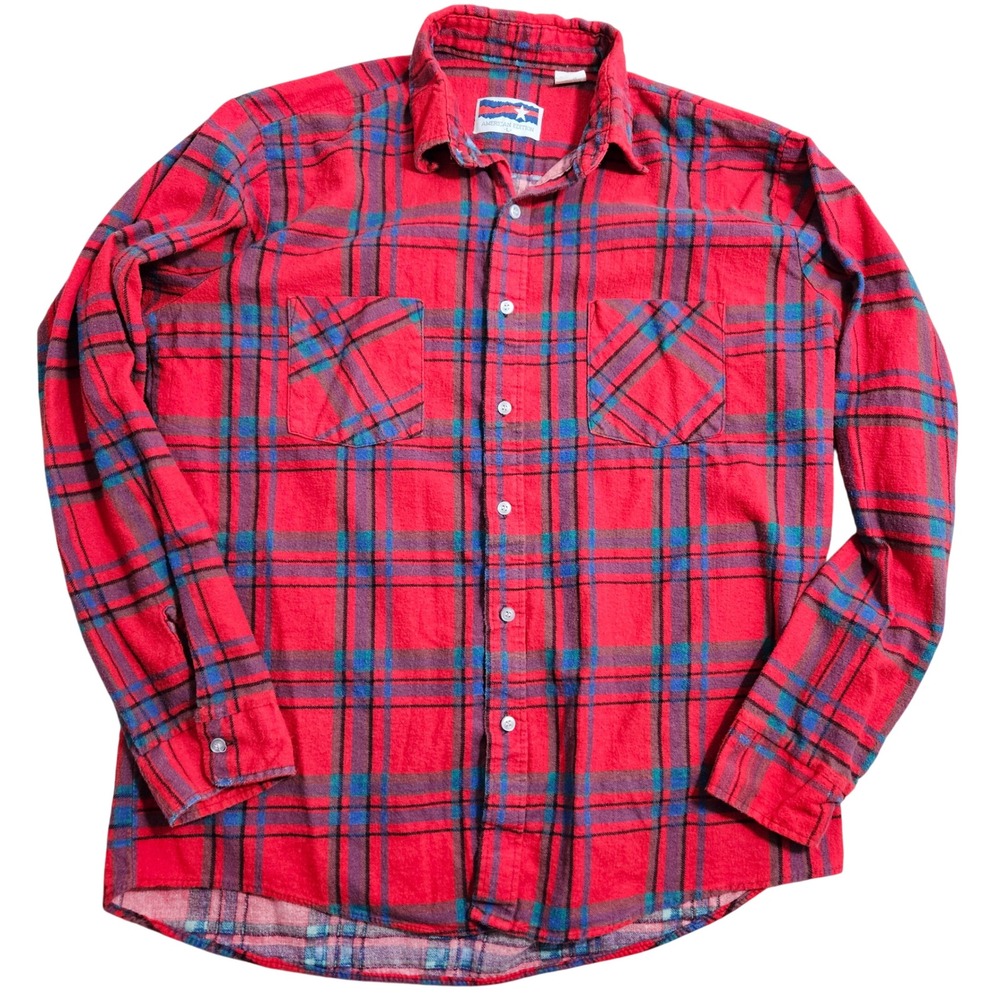 Vintage American Edition Flannel Large Red Plaid Cotton Long Sleeve USA Made